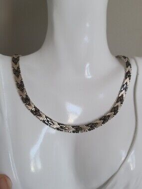 Vintage 925 Italy Two Tone Sterling Silver Grey Woven Mesh Collar Flat Necklace